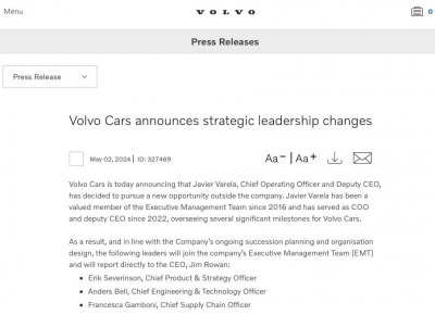 ​沃尔沃汽车高管变动！