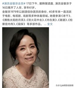 ​金敏京去世，享年61岁